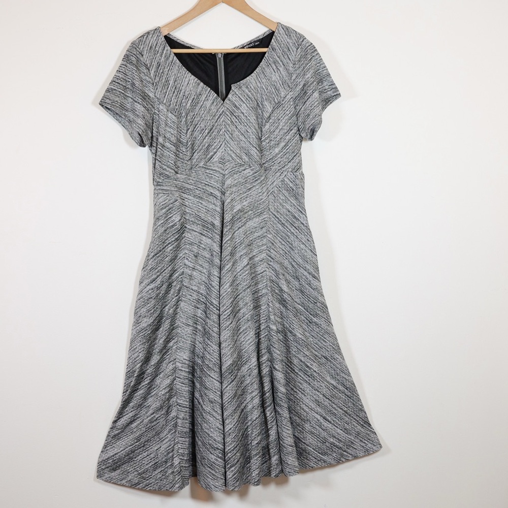 eShakti Gray‎ Fit Flare Midi Dress Medium A Line Notch Neck Work Office Lined